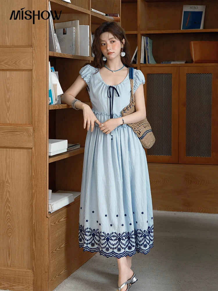 MISHOW Women's Bohemian Embroidery Dress 2025 Summer Ladies Fashion V-neck Lace Up Flower Bud Sleeve Blue Long Dress MXE36L2244