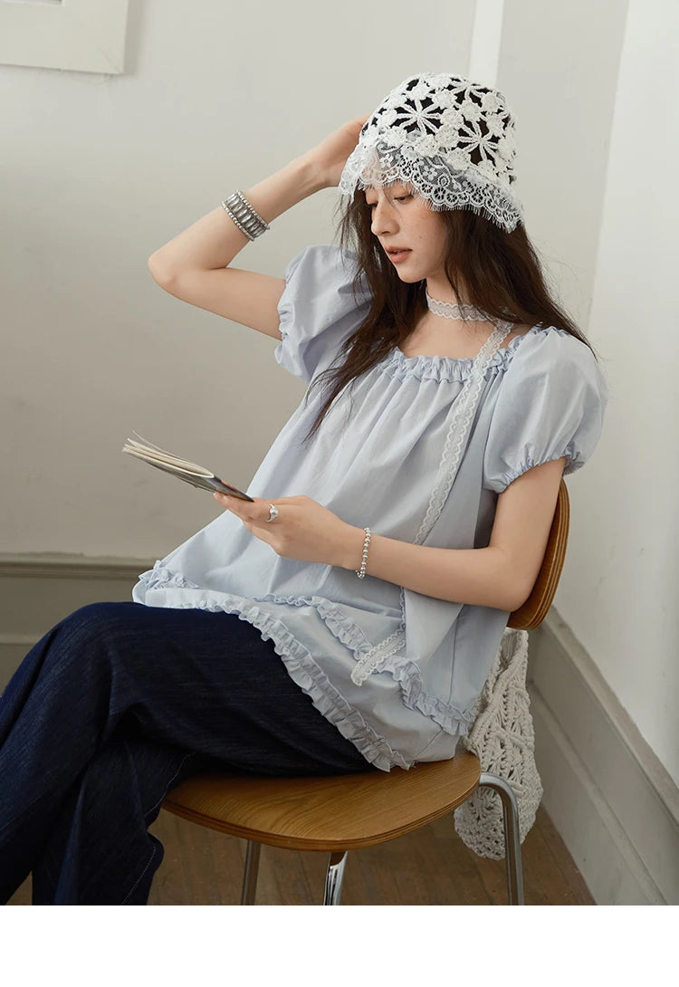 MISHOW Women's Fashion Puff Sleeve Blouse 2025 Summer Casual O-Neck Edible Tree Fungus Spliced Top Female Clothing MXE39X1929