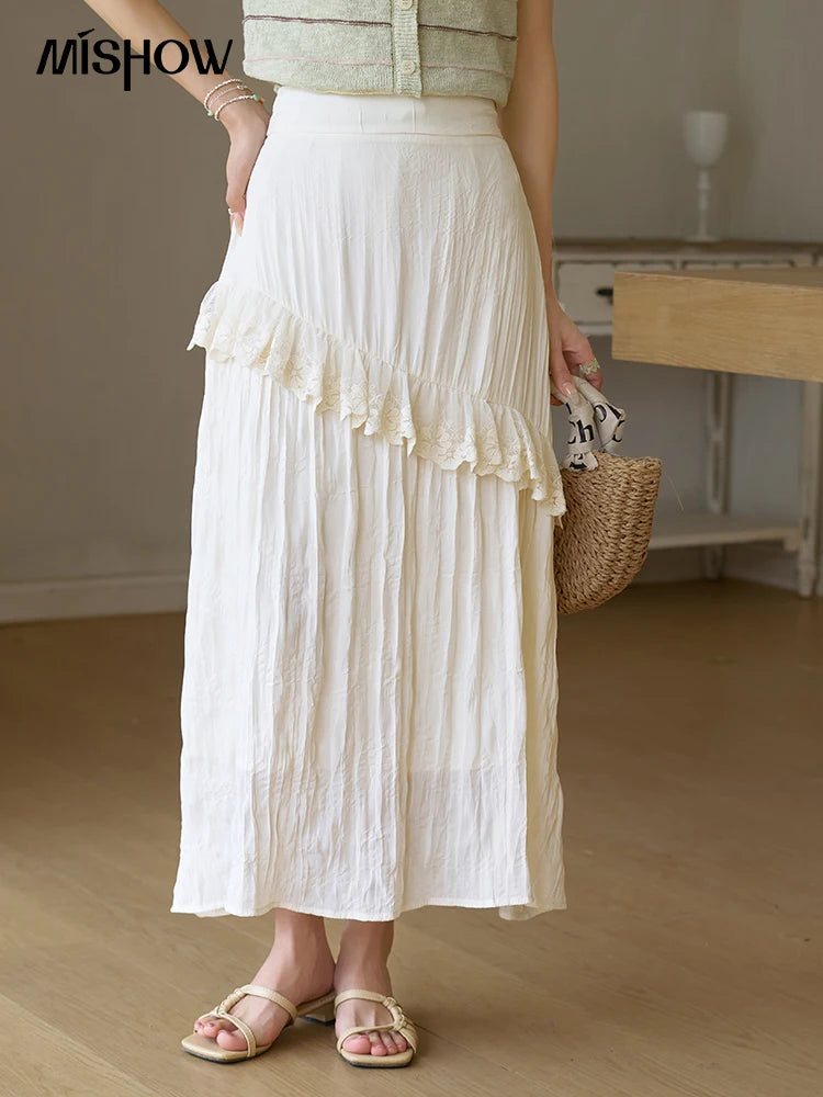 MISHOW Eegnat Lace Edge Skirt for Women Summer 2025 Ruffle Edge High Waist Slim A-line Long Skirt Solid Cake Skirts MXD30B0385