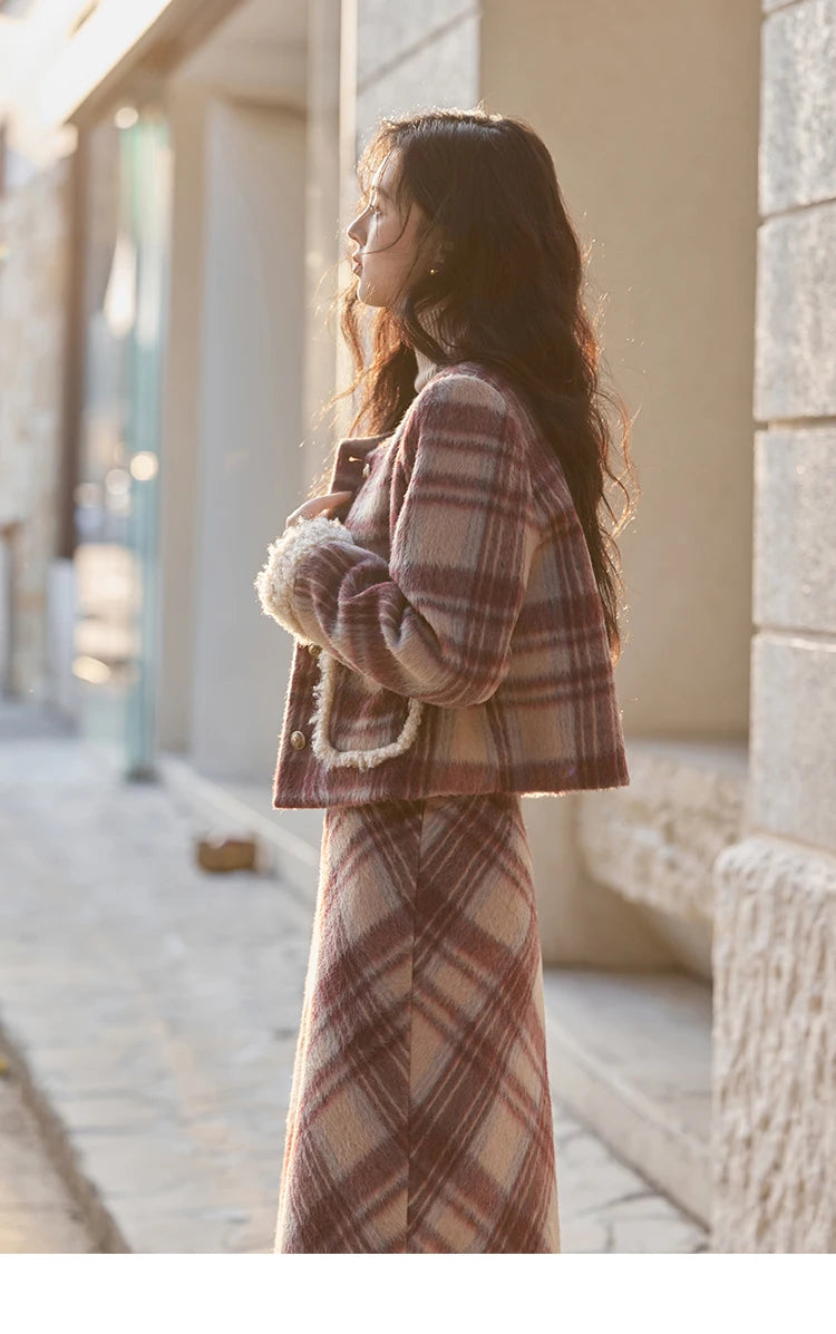 MISHOW Plaid Tweed Jacket Midi Skirt Separately Women 2024 Winter Korean Gentle Thick O-Neck Jacket Straight Skirt MXD54W0562