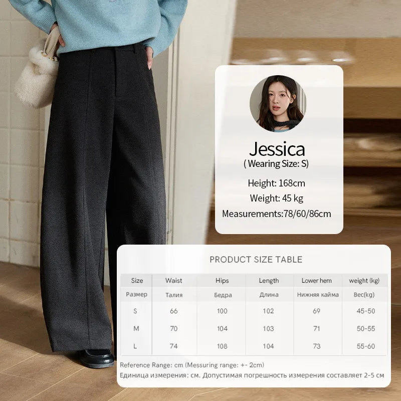 MISHOW Women's Gray Woolen Blend Wide-Leg Pants Winter High Waist Draped Straight Thick Back Elastic Waist Trousers MXE93K1143