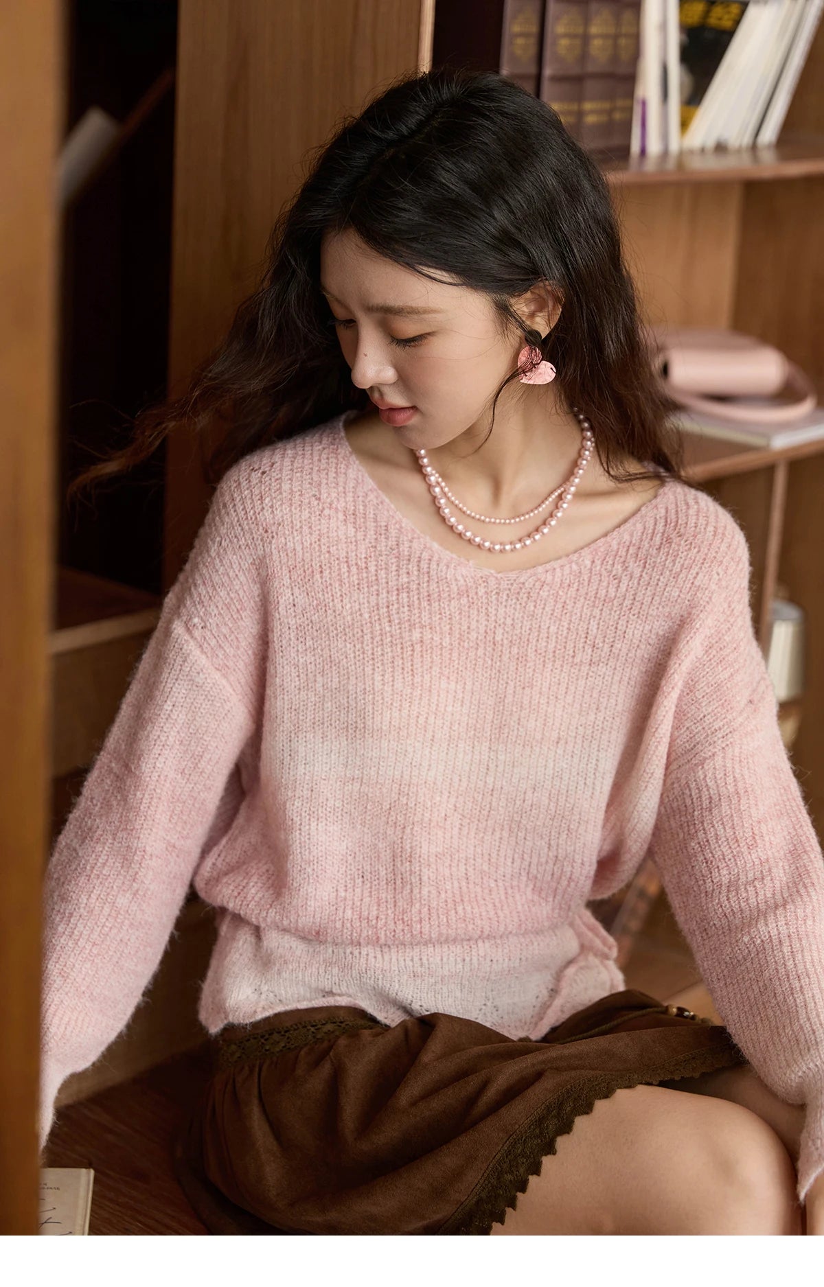 MISHOW Women's Pink Gradient Knitted Top 2025 Autumn French Wool Blend Ribbed Cuff Long Sleeve Tops with Knitted Rope MXE43Z1334