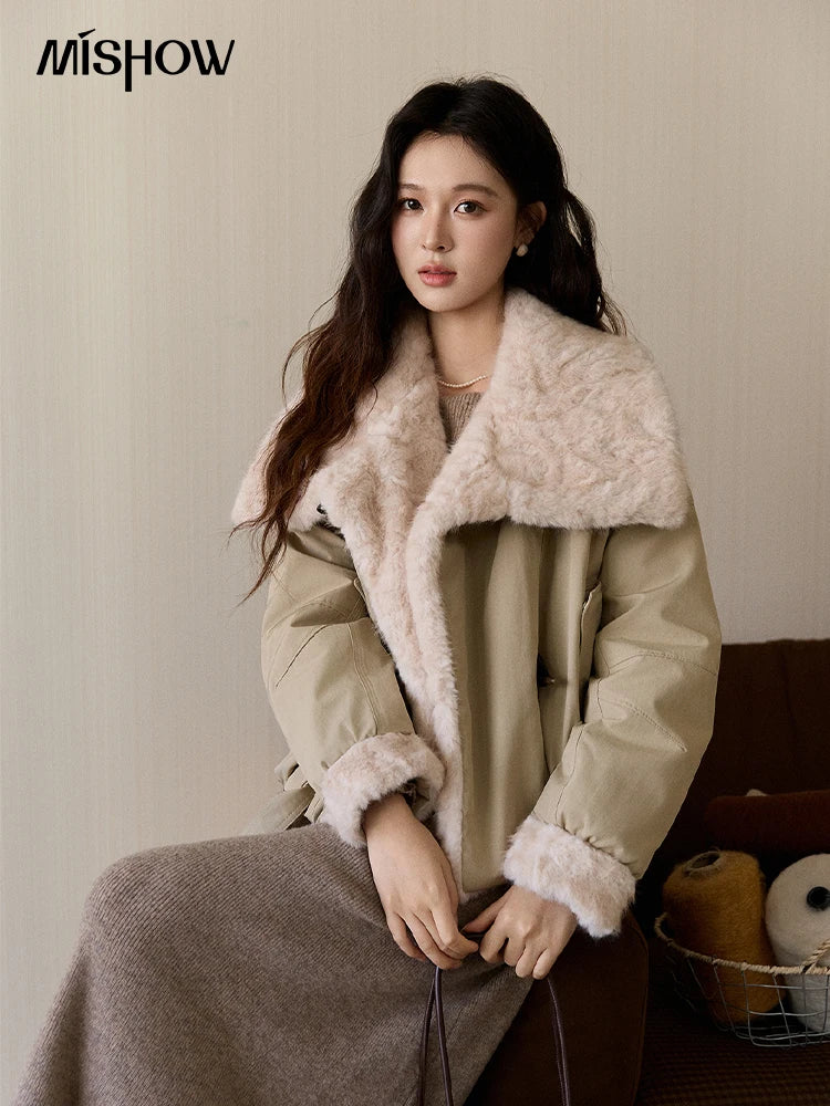 MISHOW Women's Parka Down Jacket Winter Large Lapel Fur Collar Horn Button Coat Thick Warm Loose Padded Outerwear MXE94W1046