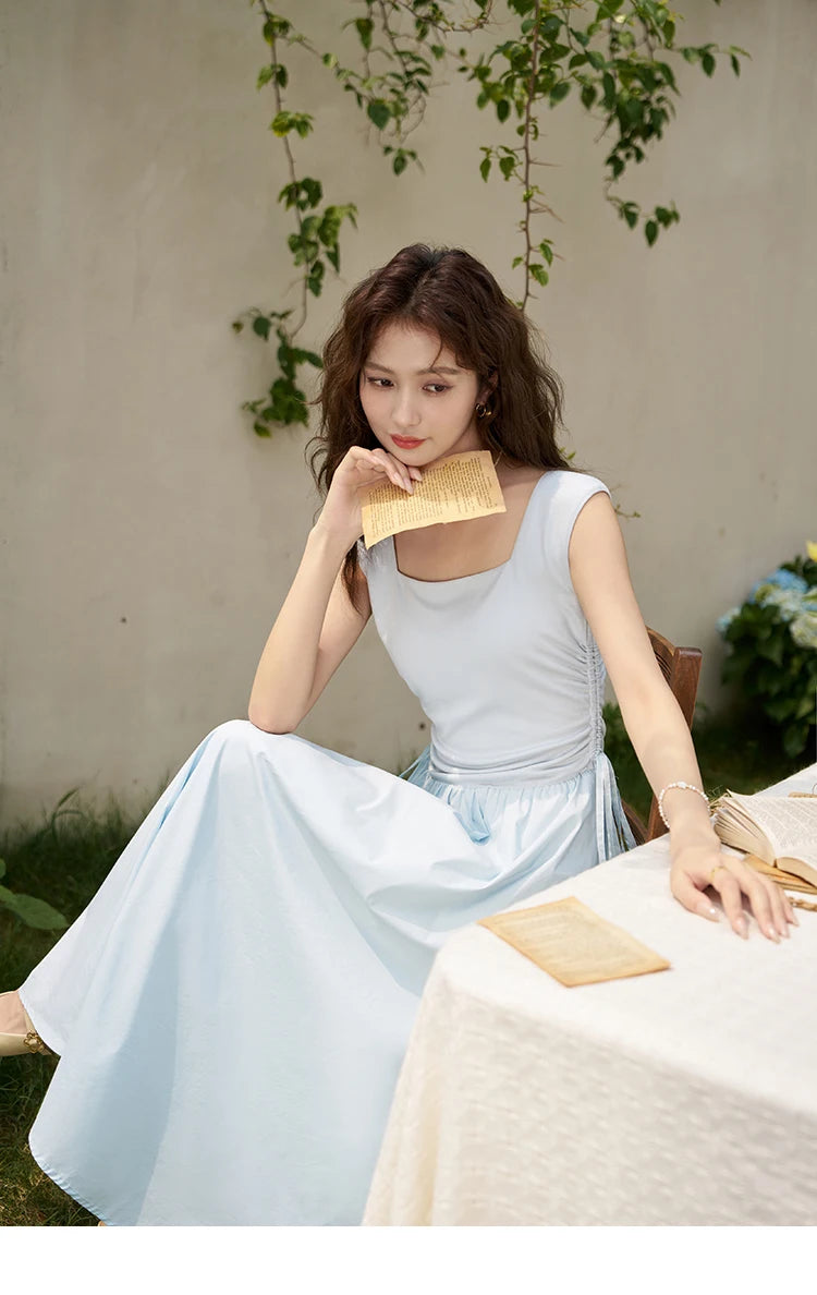 MISHOW Square Neck Patchwork Knitted Long Dress Summer 2024 Minimalist High Waist Side Drawstring Waist Slim Dresses MXD23L1818