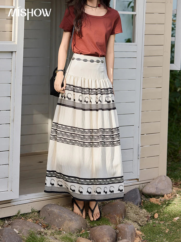 MISHOW Women's Bohemian Print Half Skirt 2025 Summer New Office Lady Fashion High Waist A-line Large Swing Skirt MXE36B0755
