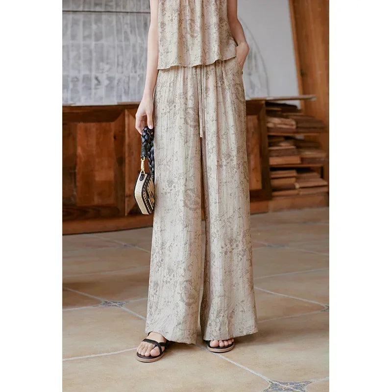 MISHOW Ink Printing Slash Neck Top Wide Leg Trouser Separately Summer Elastic Waist Pants Folds Chiffon Office Lady MXC39X1298