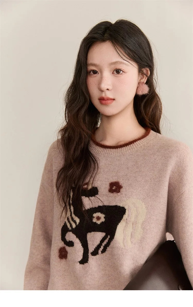 MISHOW Women's Horse Pattern Knit Sweater Winter Crew Neck Sweaters Collar Cuffs Splice Contrasting Faux Mink Fur Top MXE94Z2863