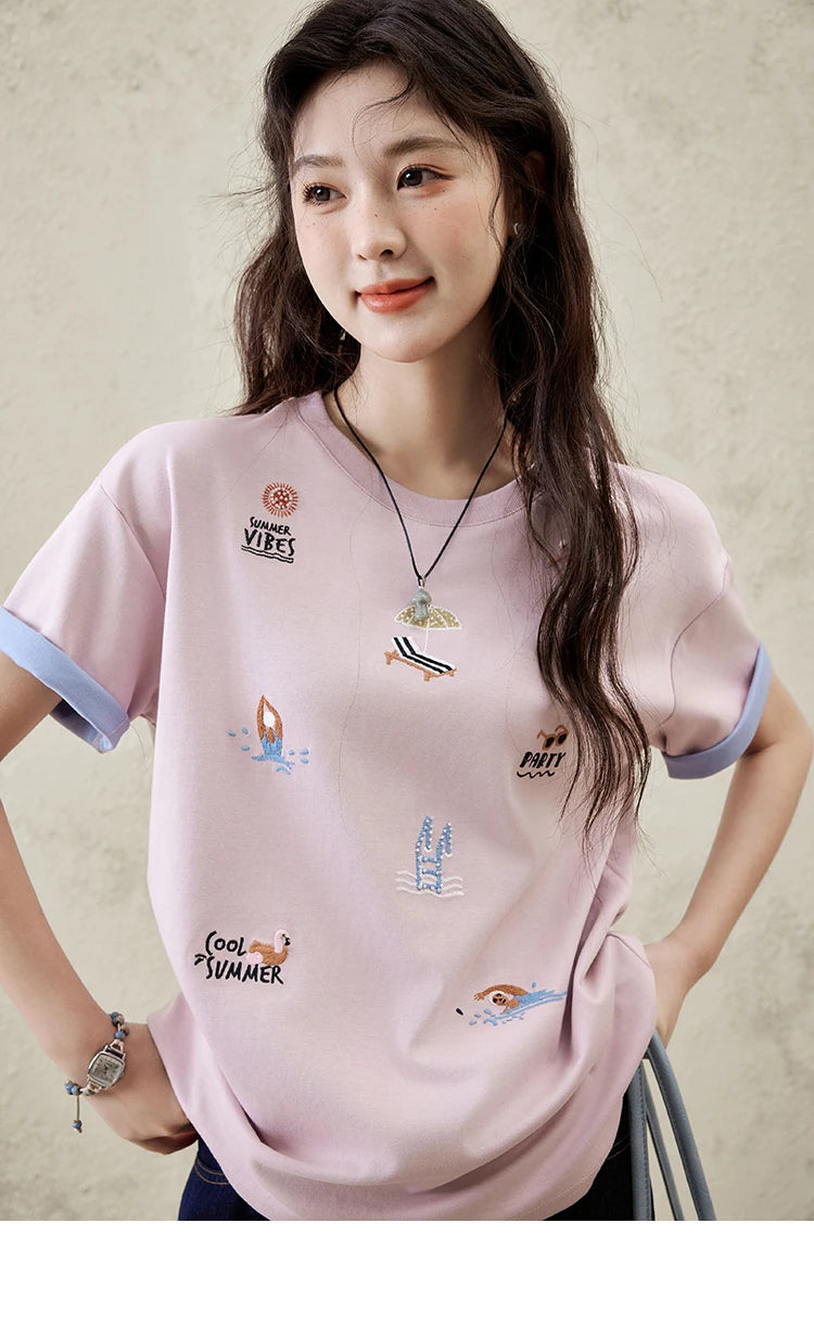 MISHOW Embroidered Casual T-shirt for Women Summer 2025 Short Sleeve Round Neck Shirts Female New Fashion Tops Lady MXE16T0506
