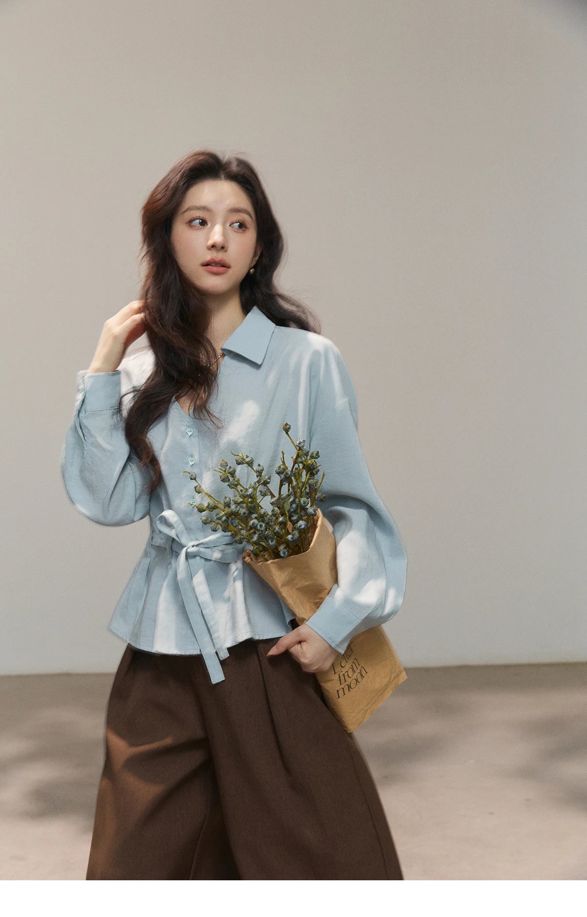 MISHOW Women's Light Blue Lyocell Shirt 2026 Spring Polo Neck V-neck Belted Waist Shirt Casual Peplum Long Sleeve Top MXF13C2437