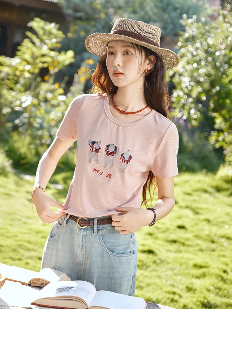 MISHOW Short Sleeve Little Bear Print T-shirt for Women 2025 Summer New O-Neck Embroidery Top Versatile Loose Tee MXE39T0699