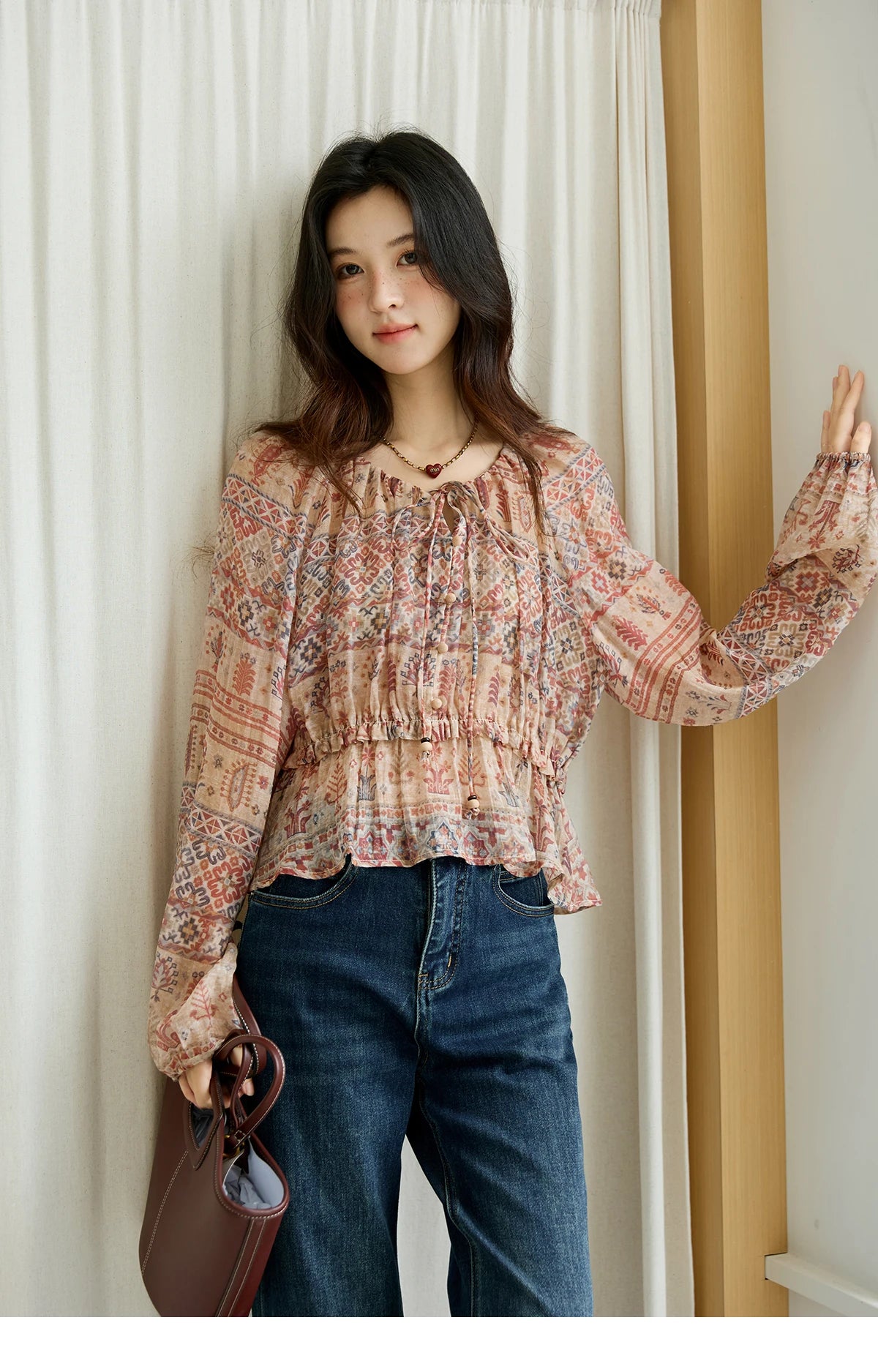 MISHOW Blouse Women 2025 National Style Printed Waist Round Neck Long-sleeved Top Commute Comfortable Autumn Blouse MXE47X2508