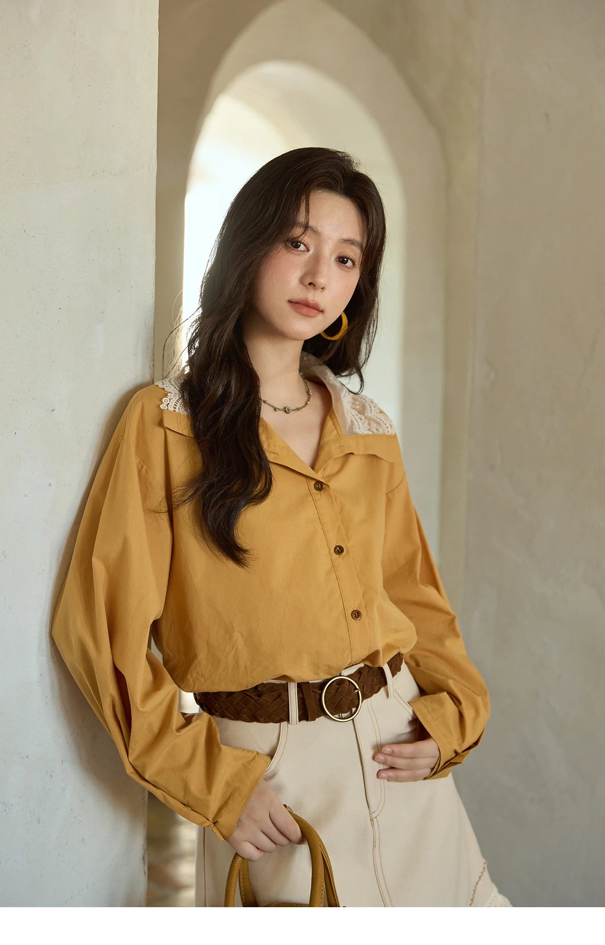 MISHOW Autumn Solid Cotton Shirt Autumn V-neck Double-layer Lace Retro Design Shirts Single Breasted Tops Office Lady MXE41C2366