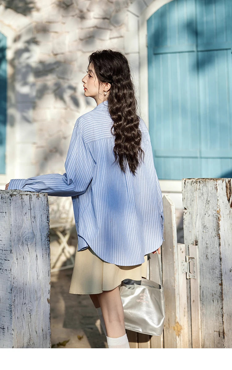 MISHOW Blue Striped Shirt for Women 2025 Spring Versatile Office Lady Tops Pocket Turn-down Collar Long-Sleeve Shirts MXE11C0399