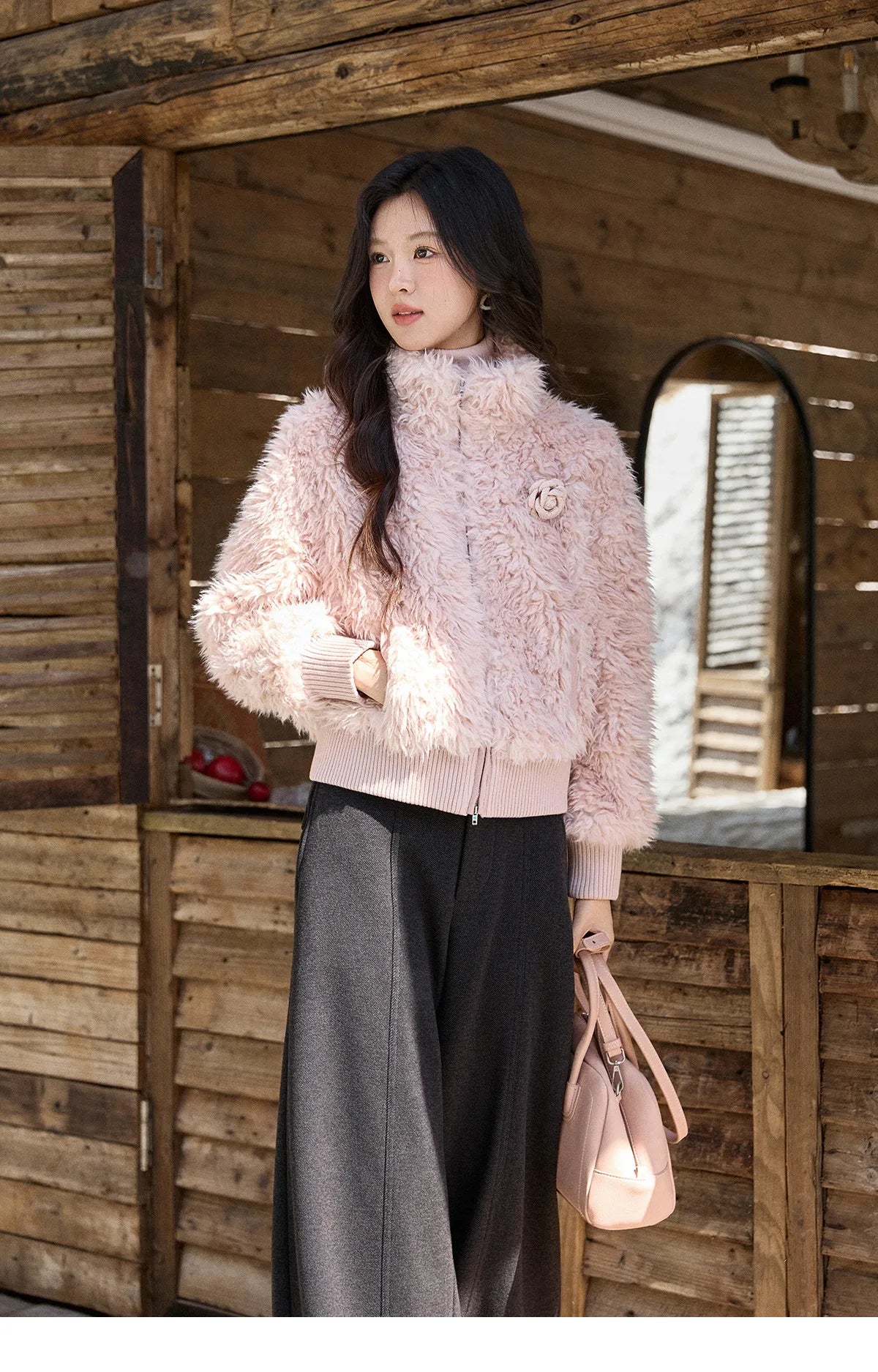 MISHOW Women's Gray Woolen Blend Wide-Leg Pants Winter High Waist Draped Straight Thick Back Elastic Waist Trousers MXE93K1143