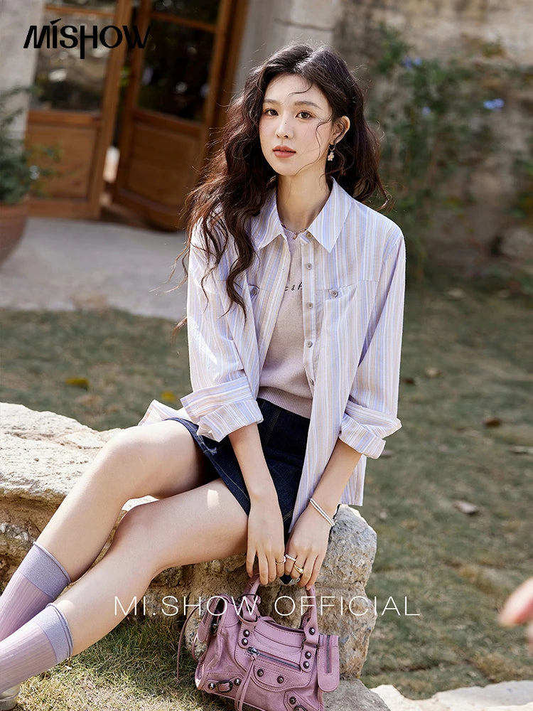 MISHOW Purple Striped Loose Shoulder Shirt for Women 2025 Casual Turn-down Collar Top Single Breasted Commuting Shirt MXE13C0407