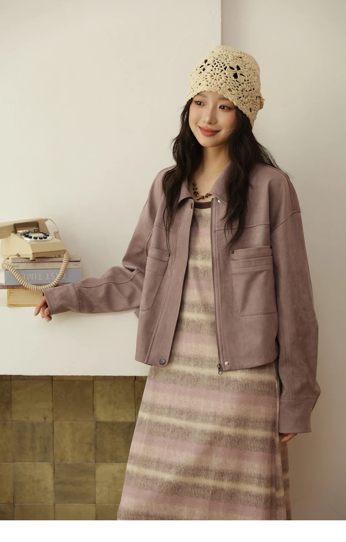 MISMHOW Taro Purple Leather Jacket Autumn 2025 Contrasting Splic Short Jackets Symmetrical Double-layer Pocket Coat MXE44W0816