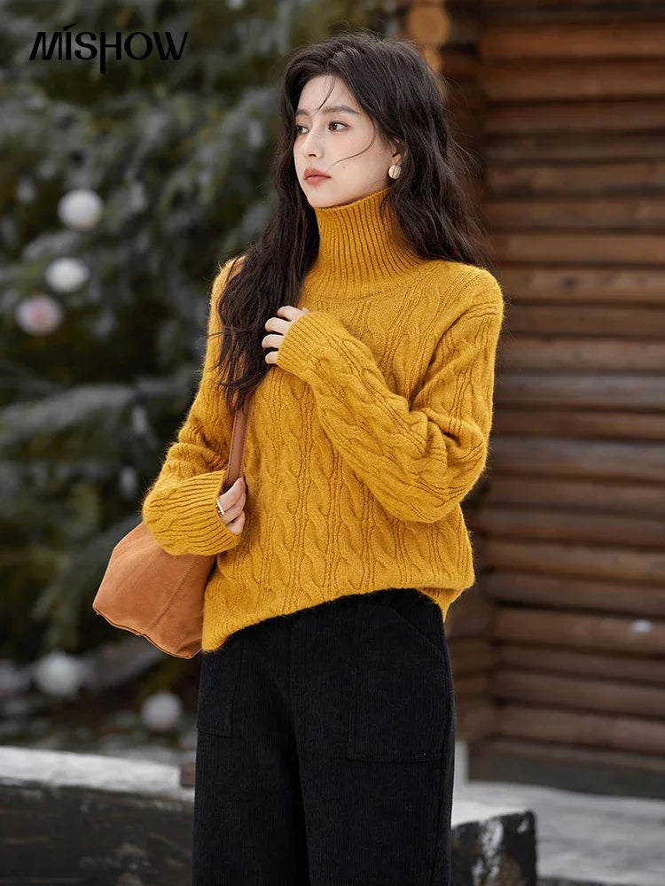 MISHOW Turtleneck Texture Solid Sweater Soft Warm Coat Winter Women Clothes Versatile Temperament Tops Office Lady MXD57Z1090