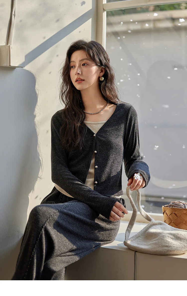 MISHOW Women Casual False Two Pieces Splicing Knit Wide-legged Pants Separately 2024 Fall Winter Elastic Waist Pants MXD35Z0877