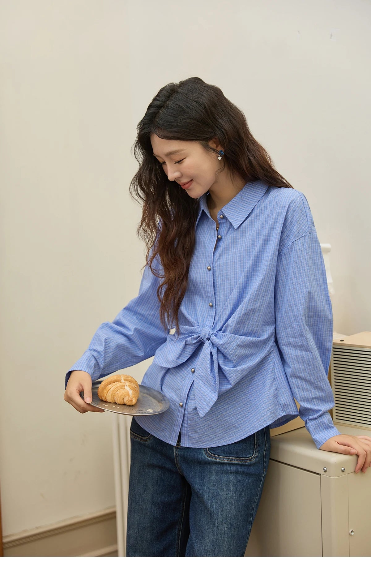 MISHOW Blue Plaid 100 Cotton Shirt Autumn 2025 Bow Tie Waist Matte Silver Butto Shirts Lapel Dropped Sleeved Tops MXE44C2395