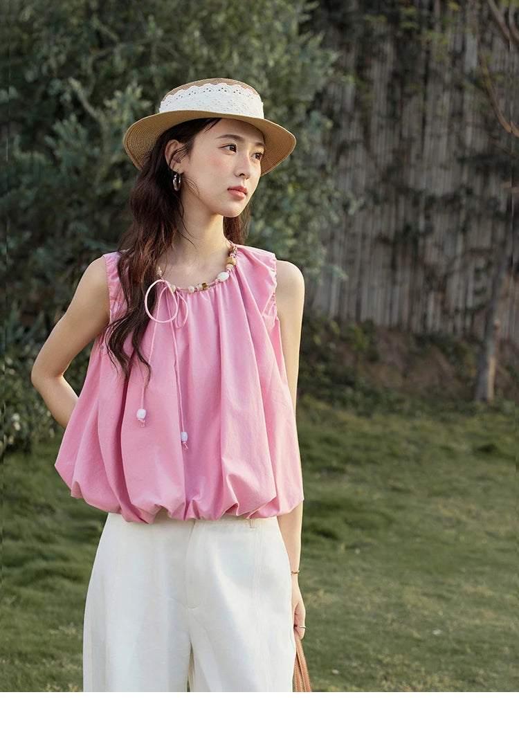 MISHOW French Rose Red Blouses Women Summer 2025 Sleeveless Round Neck Beaded Strap Design Short Tops Lady New Thin MXE32X1773