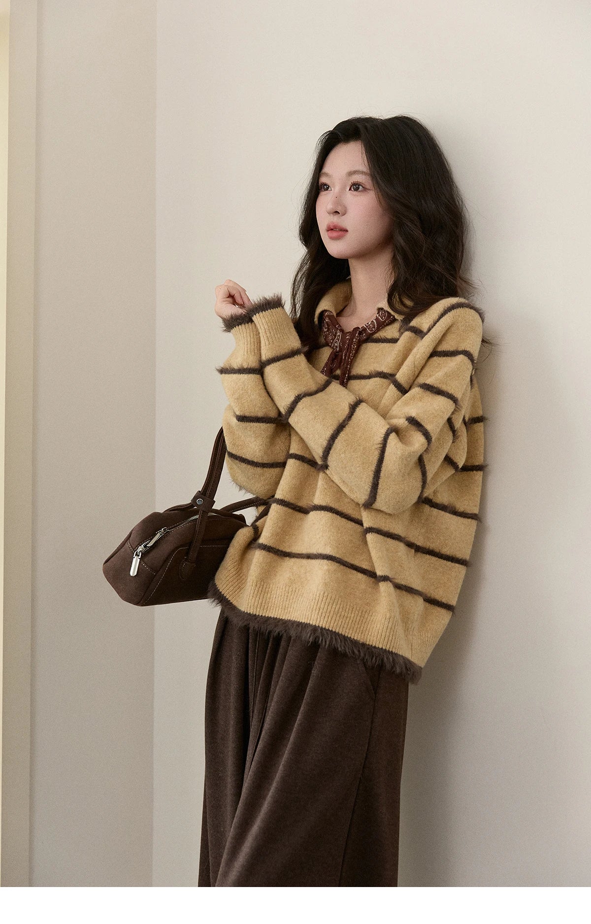 MISHOW Women's Faux Mink Fur Striped Sweater 2025 Winter Loose Lapel Tassel Hem Thickened Knitwwear Excluding Scarves MXE93Z2945