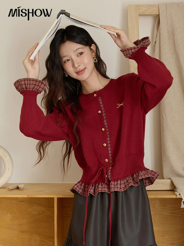 MISHOW Christmas Women's Cardigan 2025 Red Fake Two-Piece Plaid Patchwork Knit Top O-Neck Single-Breasted Outerwear MXE45Z2483