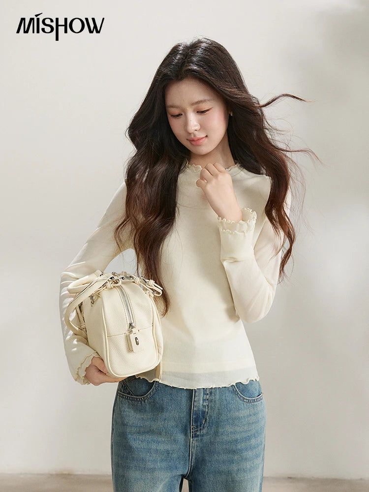 MISHOW Women's Ruffled Crew Neck Interior T-shirt 2026 Spring Lightweight Transparent Mesh Tops Slim Casual T-Shirt MXF11Z2914