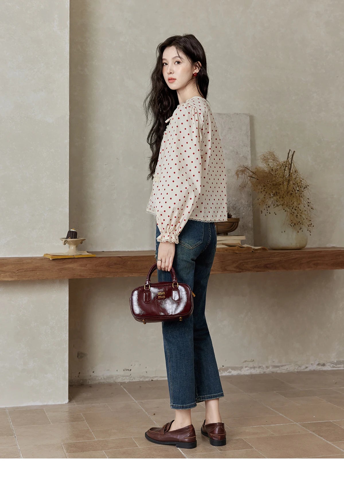 MISHOW Lace Up Polka Dot Round Neck Lace Shirt for Women Autumn 2024 Thin Sweets Shirt Elastic Petal Cuffs Chic Top MXD44X1667