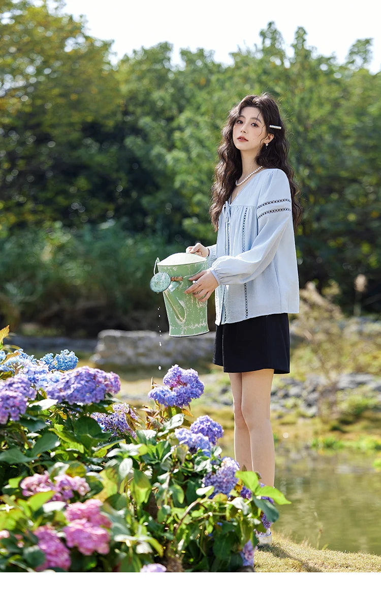 MISHOW French Sweet Loose Blue Shirt for Women 2025 Spring Summer V-neck Lace-up Hollow Doll Shirt Lantern Sleeve Top MXE12C0411