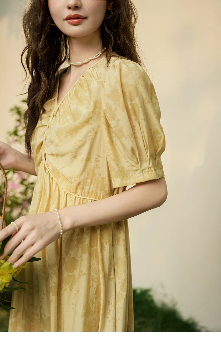 MISHOW Tea Break V-neck Dress for Women 2024 Summer French Temperament Chiffon Floral Puff Sleeve Waist Long Dresses MXD23L1878