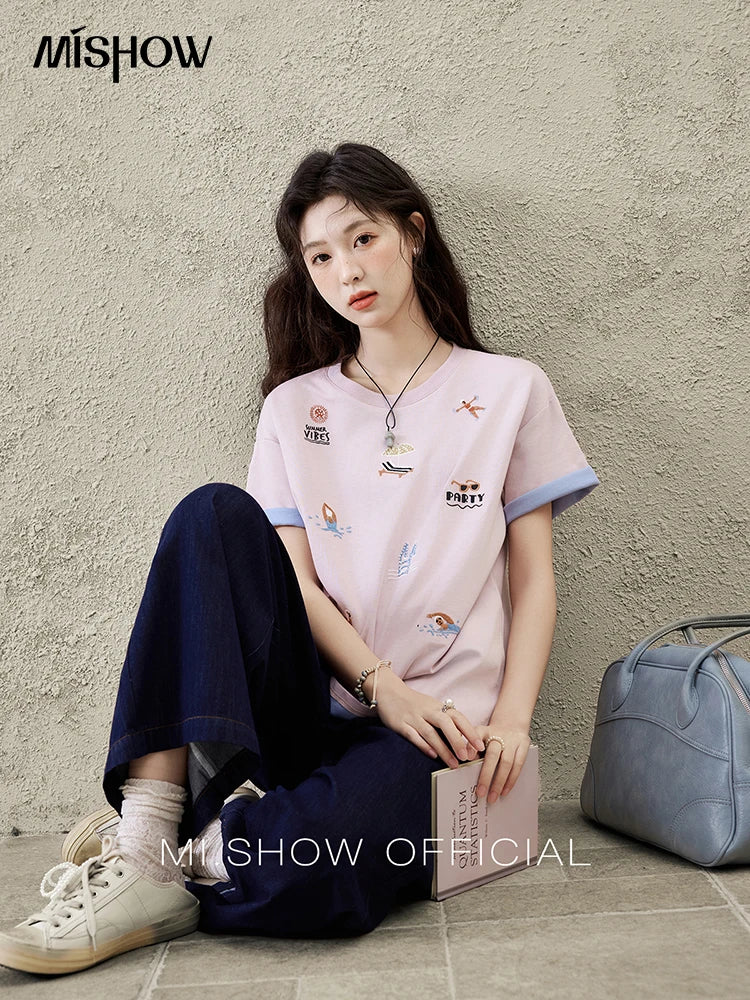 MISHOW Casual Spring Summer Jeans for Women 2025 Stitching Ruffle High Waist Jeans Female New Fashion Wide Leg Pants MXE16K0907