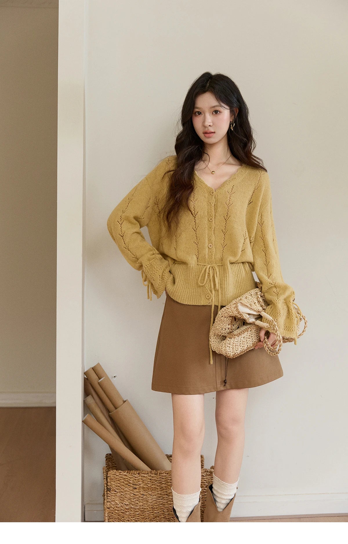 MISHOW Women's Yellow Knitted Cardigan 2026 Spring Hollow Out V-Neck Drawstring Waist Long Sleeve Casual Loose Tops MXF108Z1022