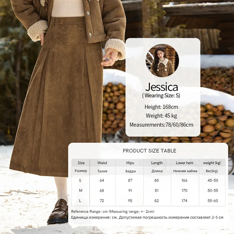 MISHOW Vintage Coats Midi Skirts Separately Brown Suede Plush Jacket Bull Horn Buckle Spliced Design Thick Warm Top MXD36W0500