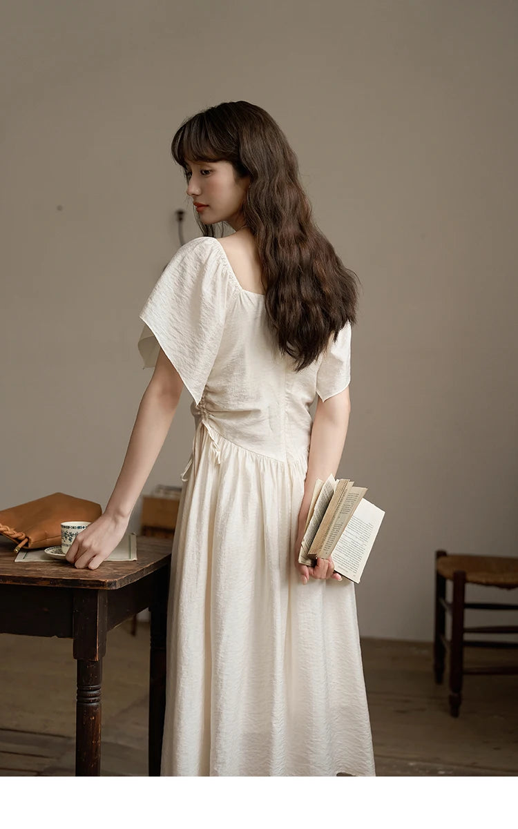 MISHOW Women's Elegant Dress 2023 Summer French A-LINE Butterfly Sleeve Square Collar Solid Lace-up Waist Dresses MXC38L1407