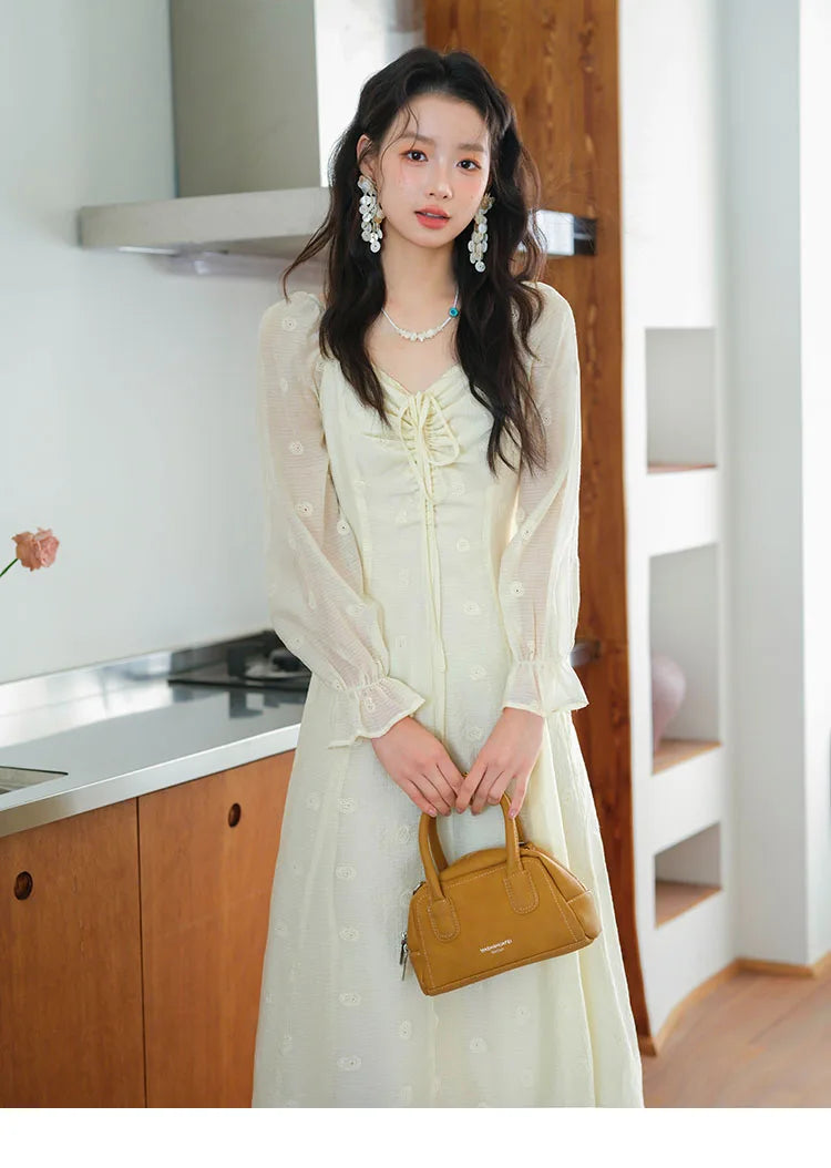 MISHOW Women's Cashew Flower Embroidered Dress 2025 Autumn V-neck Drawstring Long Sleeves Ladies Elegant Slim Dresses MXE41L2387