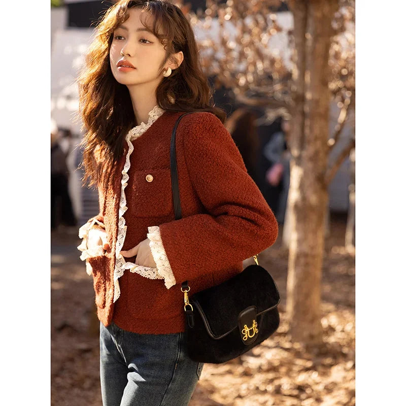MISHOW Wool Coat for Women Winter Korean Retro Lace Splicing Lamb Wool Button Pockets Thickened Warm Female Coat MXB43W0720