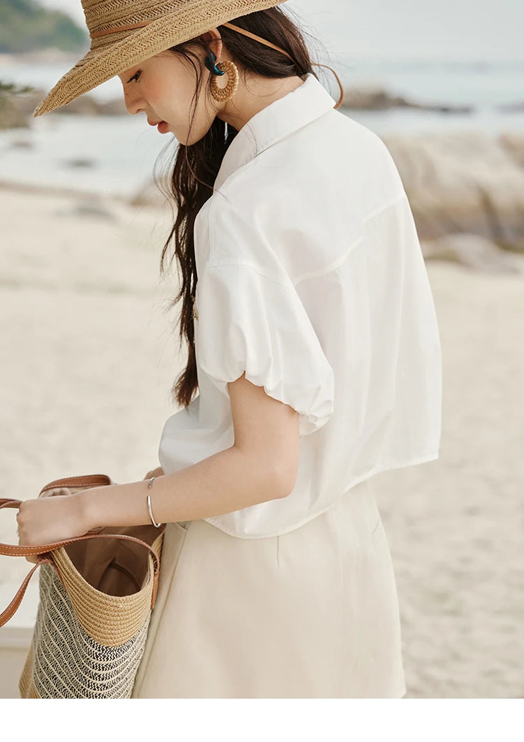 MISHOW Casual Summer Blouses Women 2025 New Short Puff Sleeve Turn Down Collar Shirt Female Fashion Shell Ribbon Tops MXE33C0773