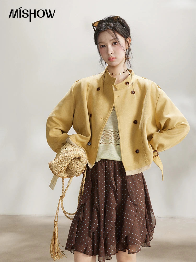 MISHOW Women's Yellow Double-Breasted Trench Stand Collar Coat Adjustable Cuffs Splicing Striped Hem Casual Outerwear MXF11W1026