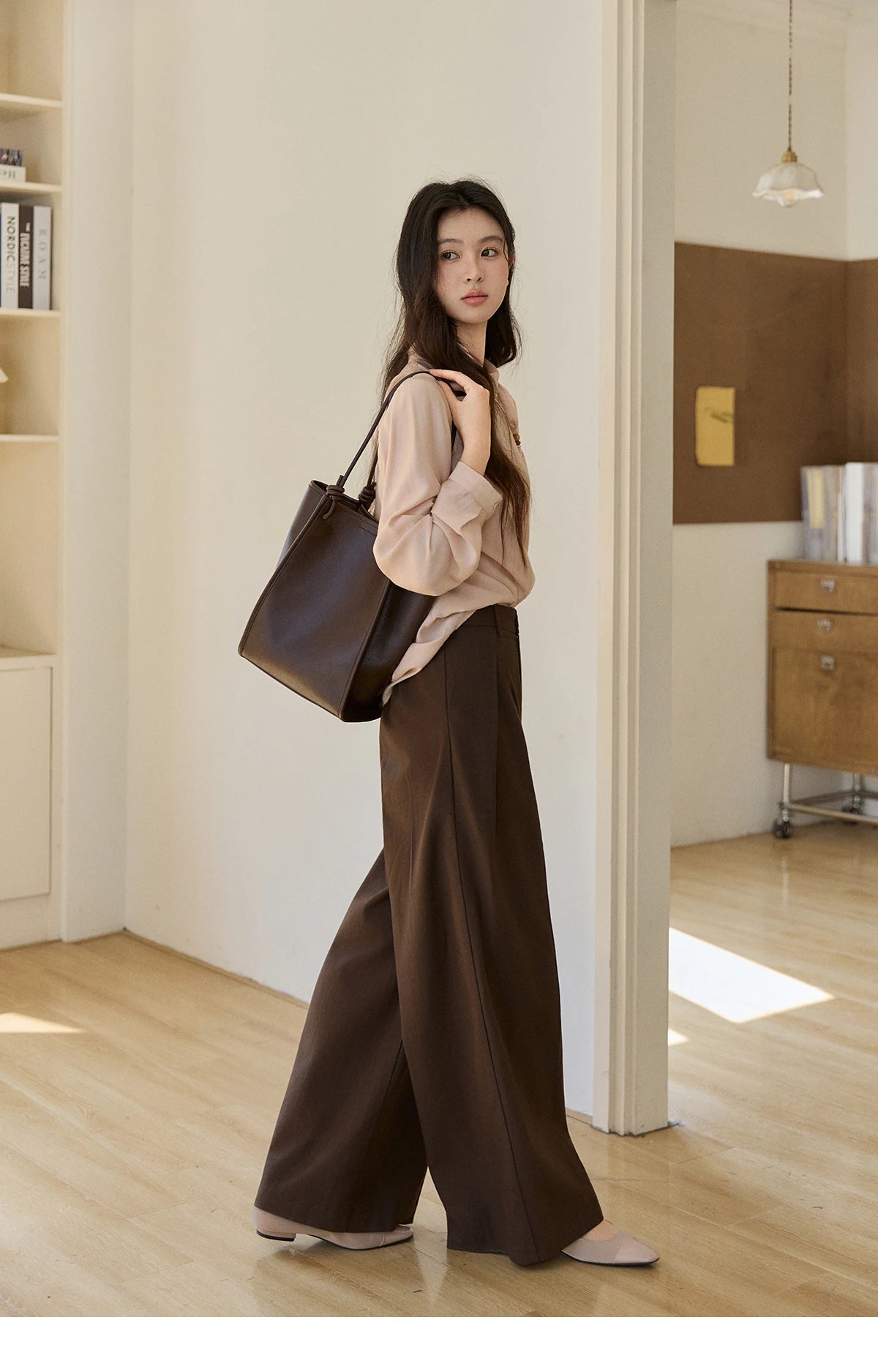 MISHOW Women's Nude Pink Shirt Spring Versatile Ribbon Stand Neck Shirts Button-Down Casual Commute Long Sleeve Top MXE11X2547