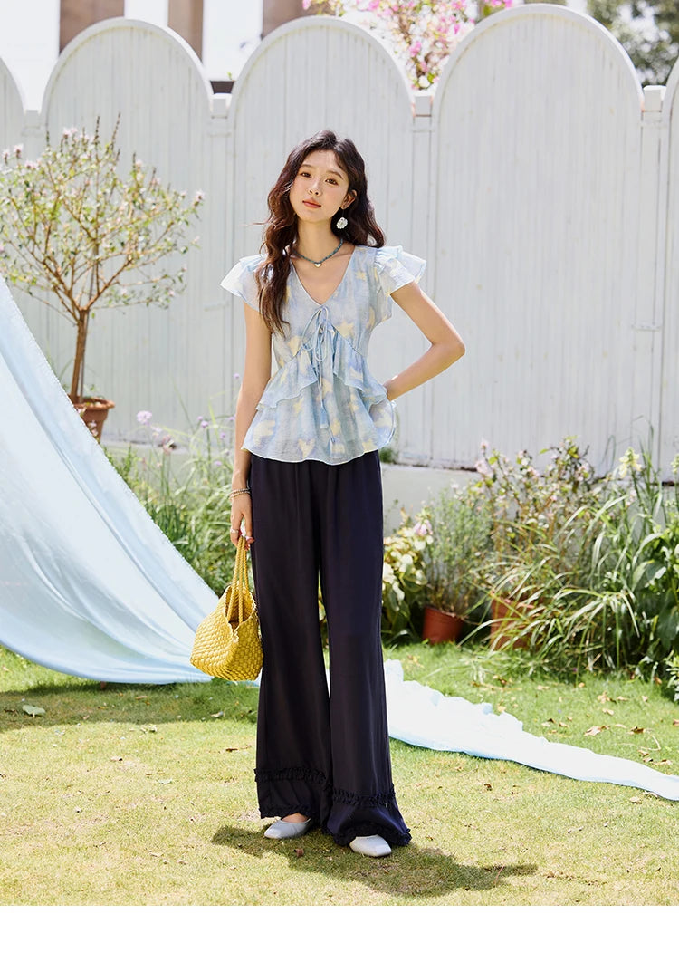 MISHOW Blue Double-layer Ruffled Linen V-neck Blouse for Women Summer 2025 Slim Flying Sleeve Breathable Lace-up Tops MXE33X1819