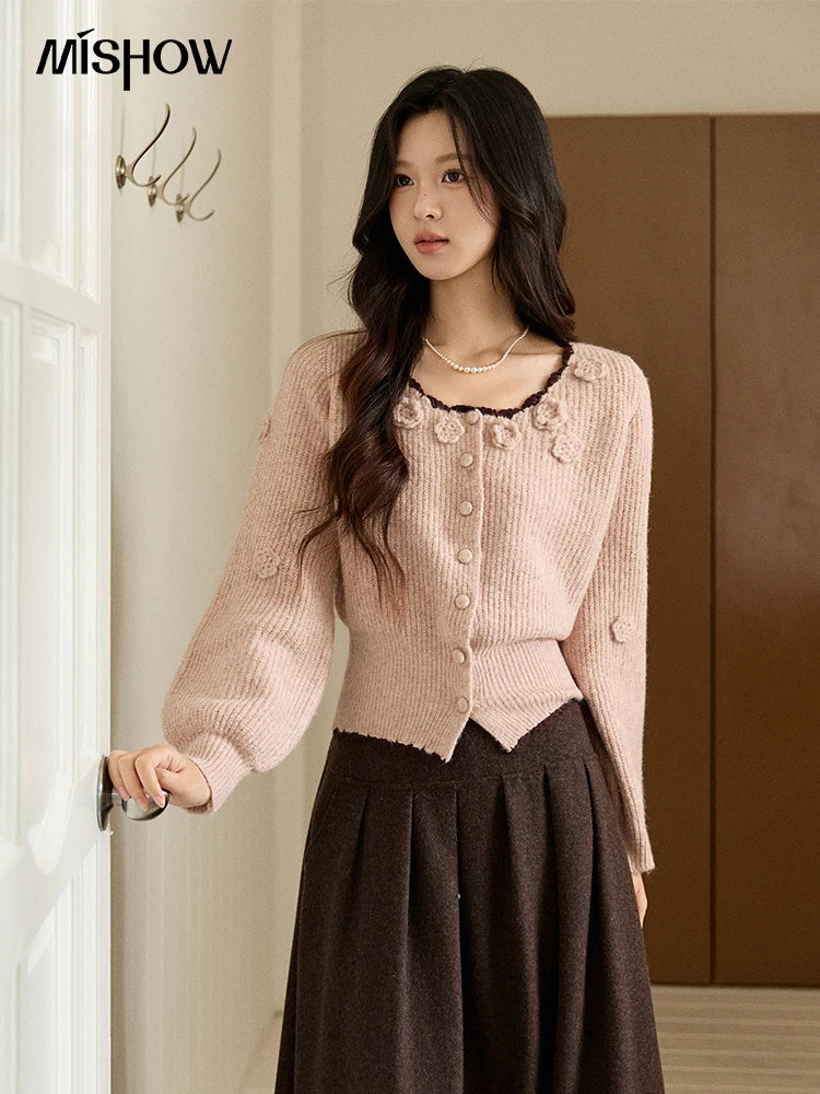 MISHOW Women's Pink Knitted Cardigan 2025 Autumn Winter Flower Decor Lace Trim Button Cardigan Slim Warm Pullover Top MXE94Z2862