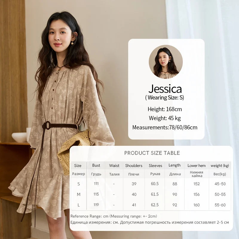 MISHOW Cashew Flower Dress Woman 2025 Autumn Retro Waist Irregular Hem Mid-length Dress Commuter Long Sleeves Dress MXE48L2513