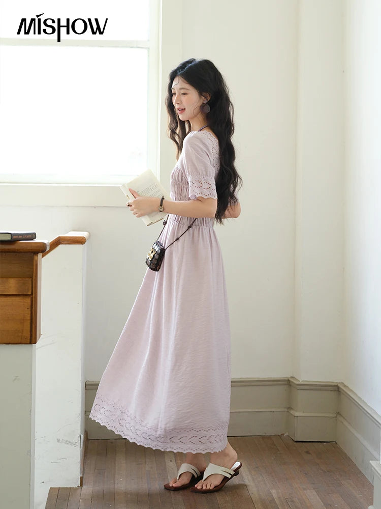 MISHOW Puff Sleeve Dress for Women 2025 Summer New Square Neck Fashion Lace Hollow Purple Dresses Female Clothing MXE39L2406