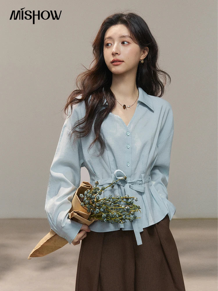 MISHOW Women's Light Blue Lyocell Shirt 2026 Spring Polo Neck V-neck Belted Waist Shirt Casual Peplum Long Sleeve Top MXF13C2437