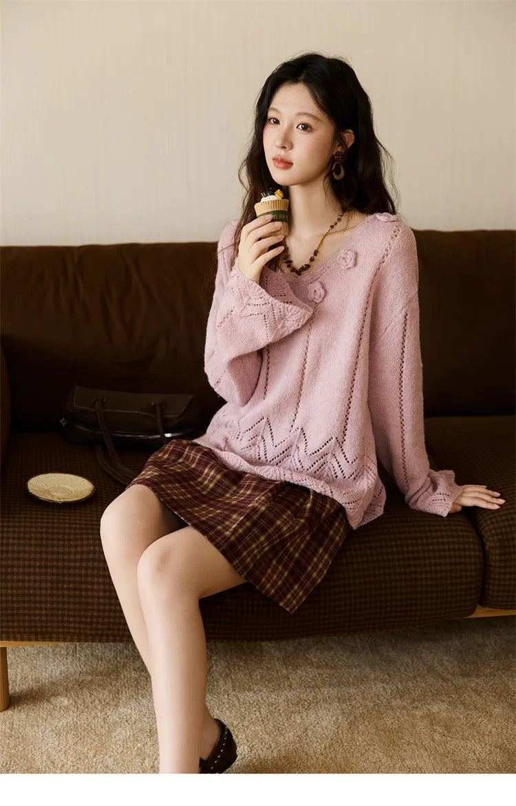 MISHOW Elegant Women's Sweaters 2025 Autumn Purple Hollow Out Wave V-neck Crochet Design Knitted Top Casual Pullovers MXE45Z1391