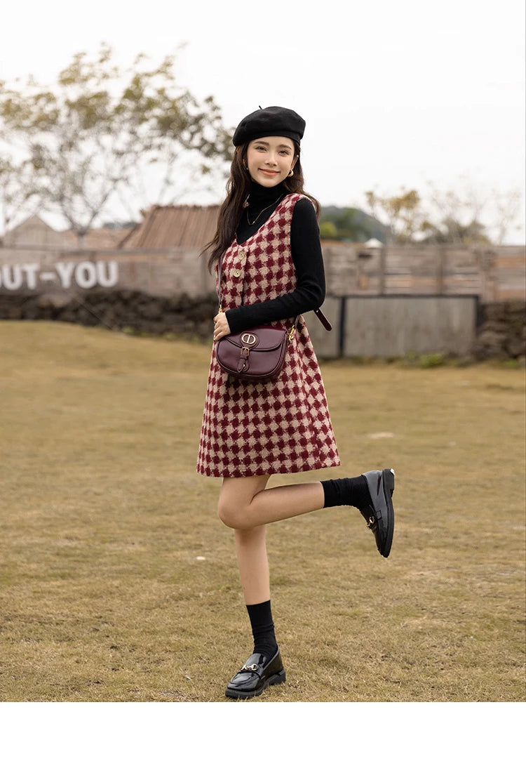 MISHOW Plaid Vest Dress Winter Vintage Womens Dresses Aline Vneck Sleeveless Woolen Vestidos Chic Female Clothes MXB47L1332