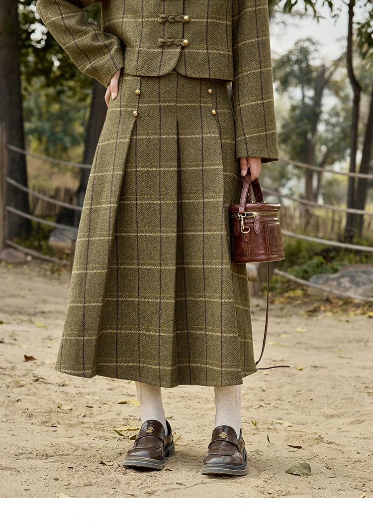 MISHOW Retro Plaid Tweed Jacket Short Skirt Separately Women 2024 Winter Doll Collar Jacket Pleated Mid Length Skirt MXD48W0469