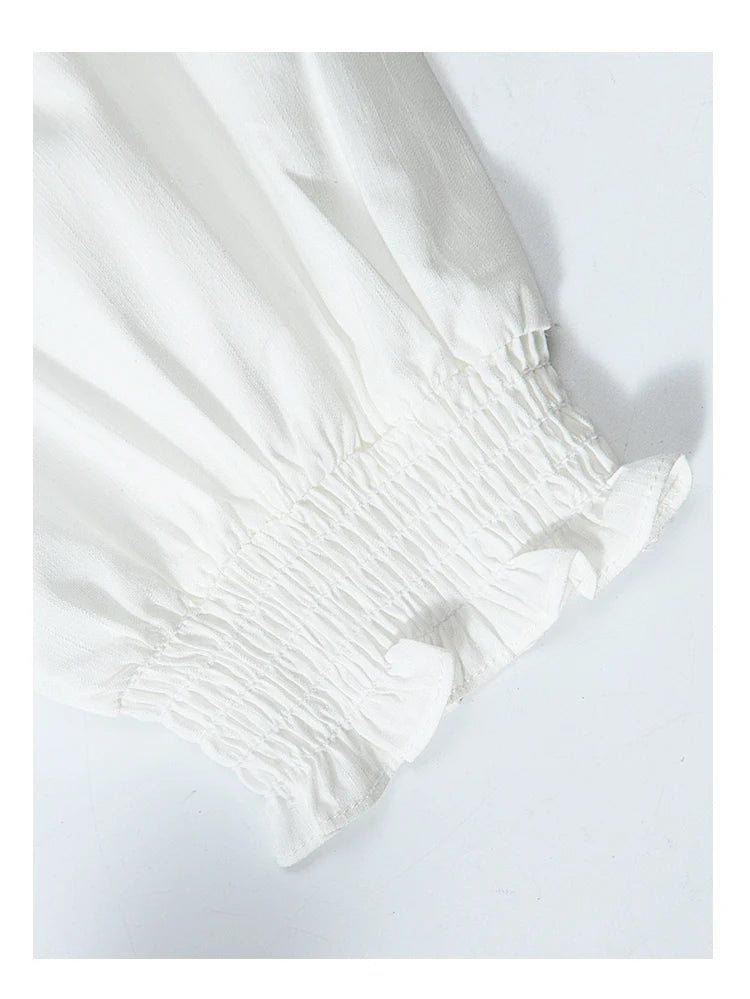 MISHOW Korean Doll Neck Shirt 2024 Spring Lace Patchwork Bubble Sleeve Elastic Hem Double Breasted Solid Short Tops MXD12C0164