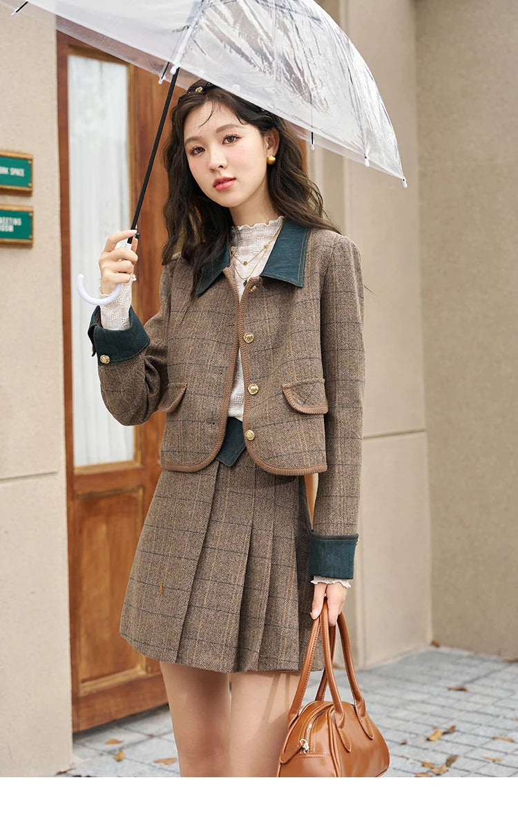 MISHOW Fashion Retro Plaid Coat Half pleated Skirt Separately 2024 Autumn Wool Jacket Retro Skirt Office Lady MXC47W0154
