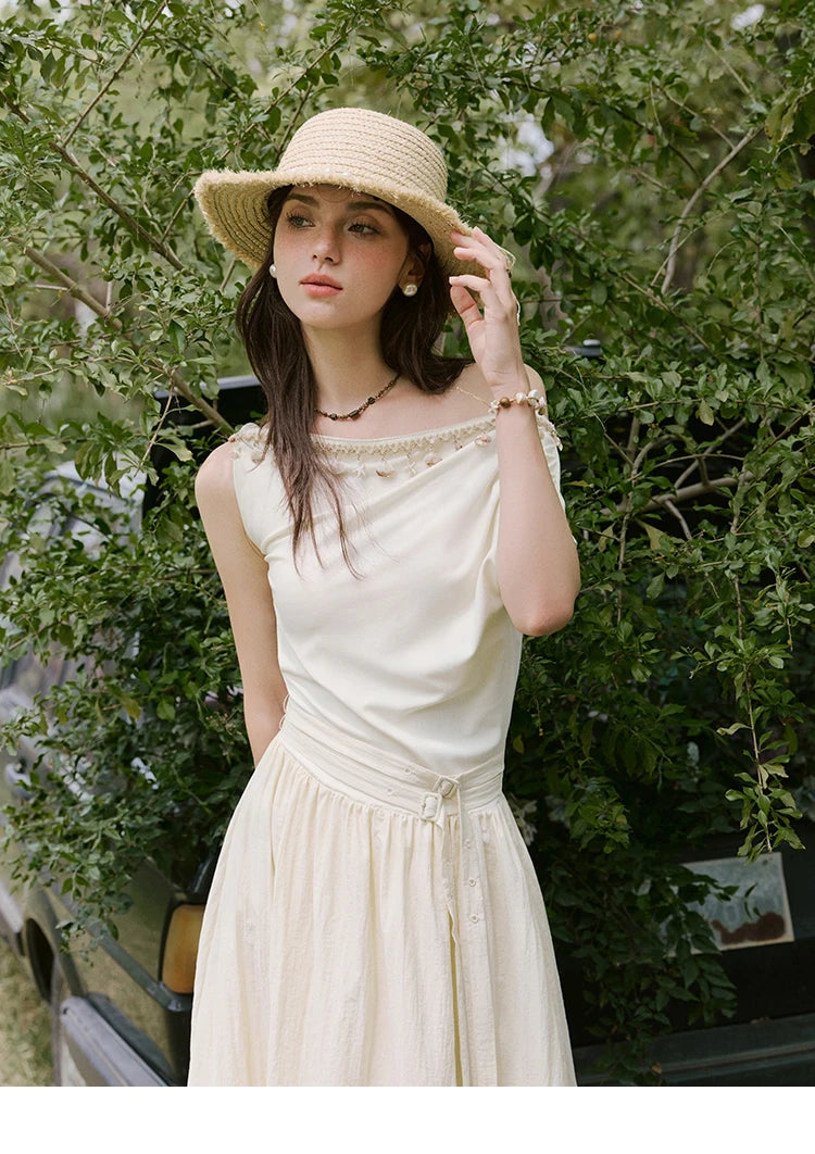 MISHOW Holiday Summer Dresses Women 2025 New Short Sleeve Shell Webbing Oblique Collar Slim Midi Dress Female Fashion MXE31L2189